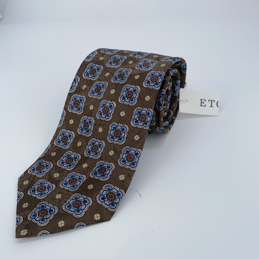 Eton Tie Mens One Size Brown Blue Floral Silk‎ Classic Necktie England Made